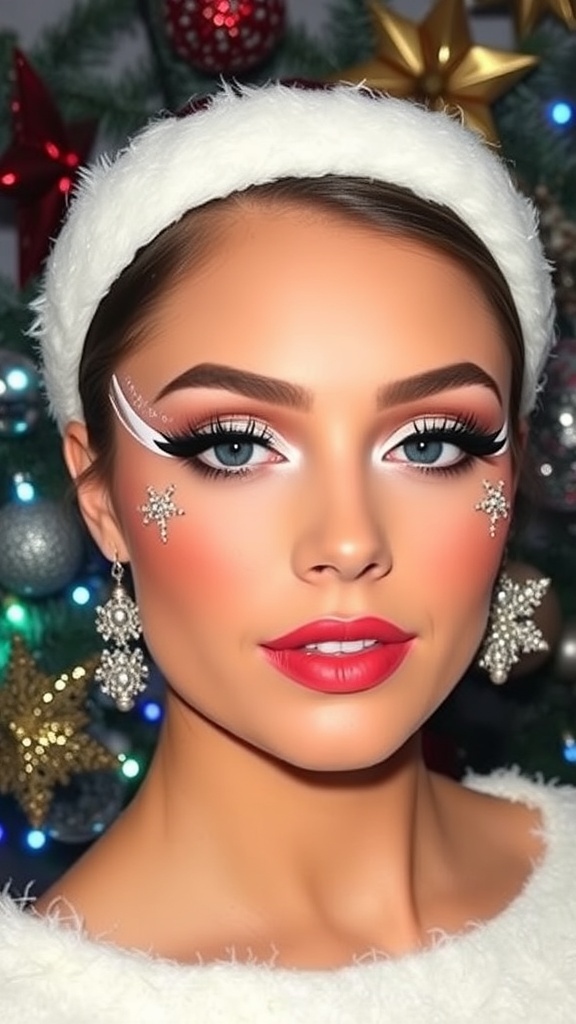 Christmas Makeup with White Eyeliner A model showcasing Christmas makeup with white eyeliner, festive eyeshadow, and a cheerful holiday backdrop.
